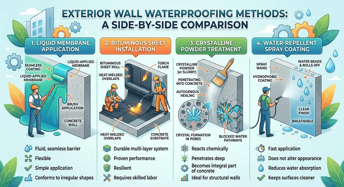 exterior wall waterproofing methods compared