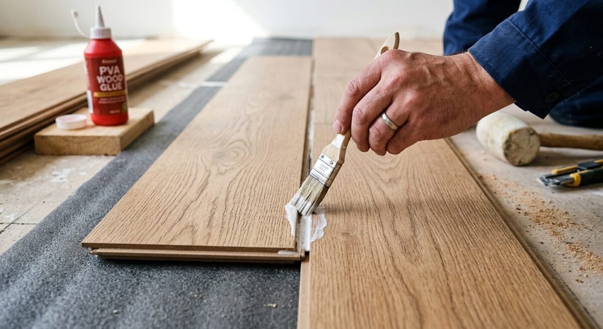 Applying PVA glue to laminate flooring tongue and groove joint to seal against water