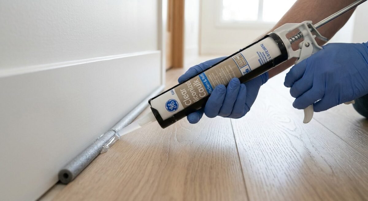 Applying silicone caulk over foam backer rod in laminate floor expansion gap at baseboard