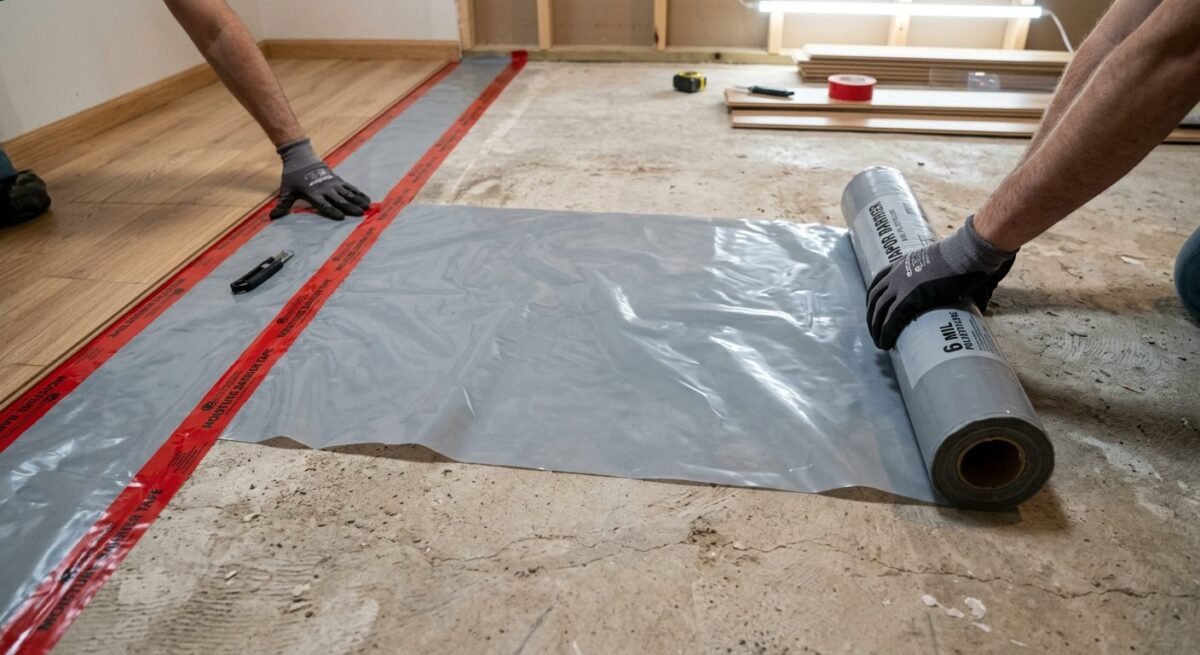 Installing vapor barrier underlayment on concrete floor before laminate installation