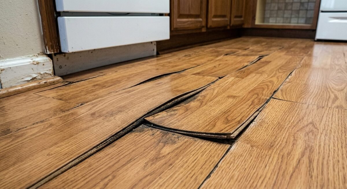 Water damaged laminate flooring showing swelling, buckling, and cupping from moisture exposure