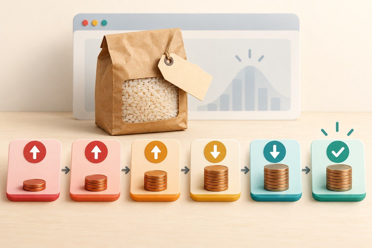 Six grocery price guesses moving from far away to a close result using higher and lower arrows
