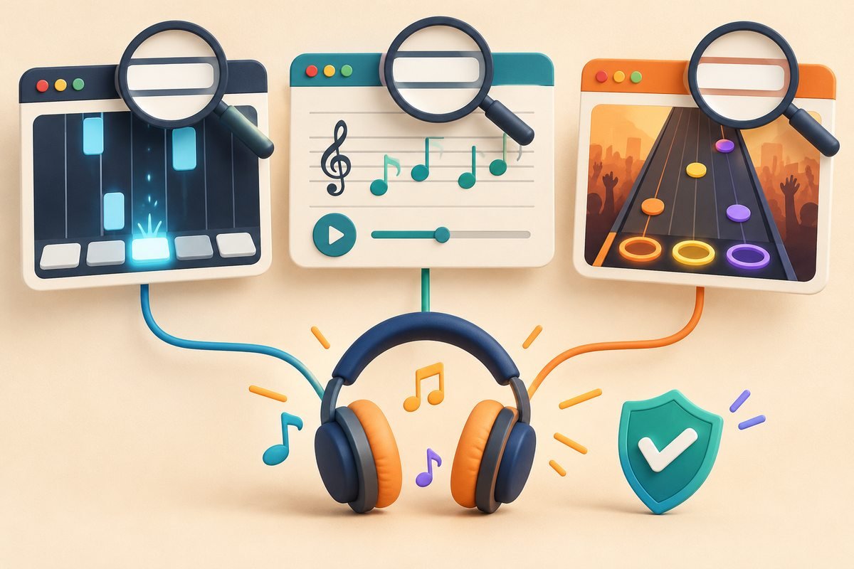 Three different browser music games being compared by their address bars