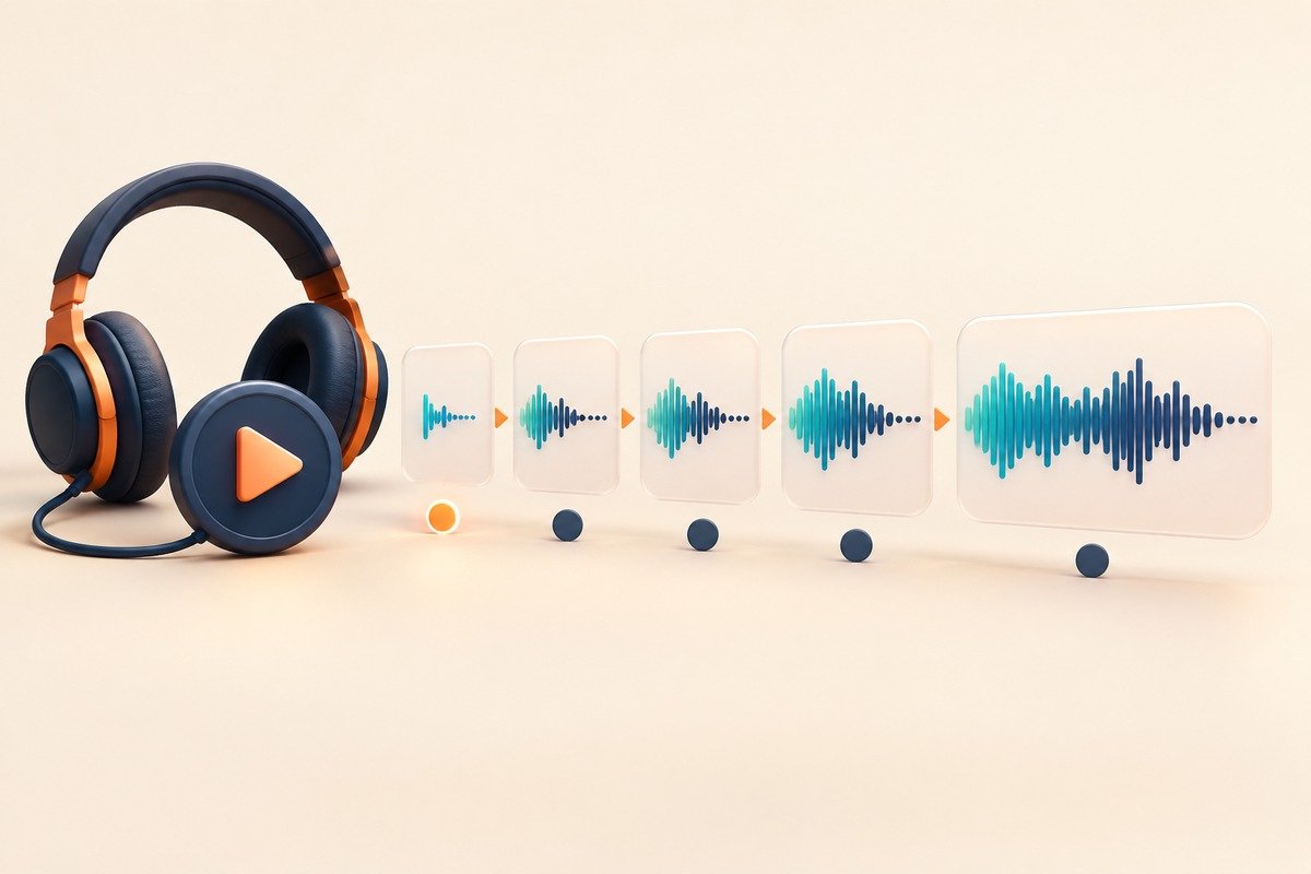 Five music waveform stages growing from a tiny clip to a longer preview